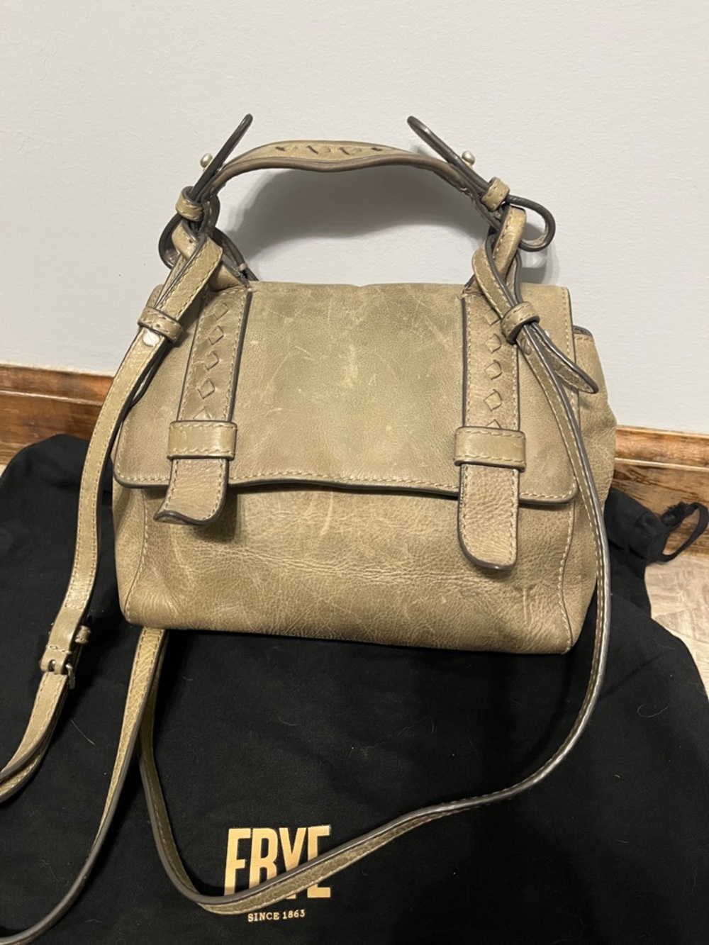 Frye Classic Taupe Leather Satchel Handbag comes with a dustbag